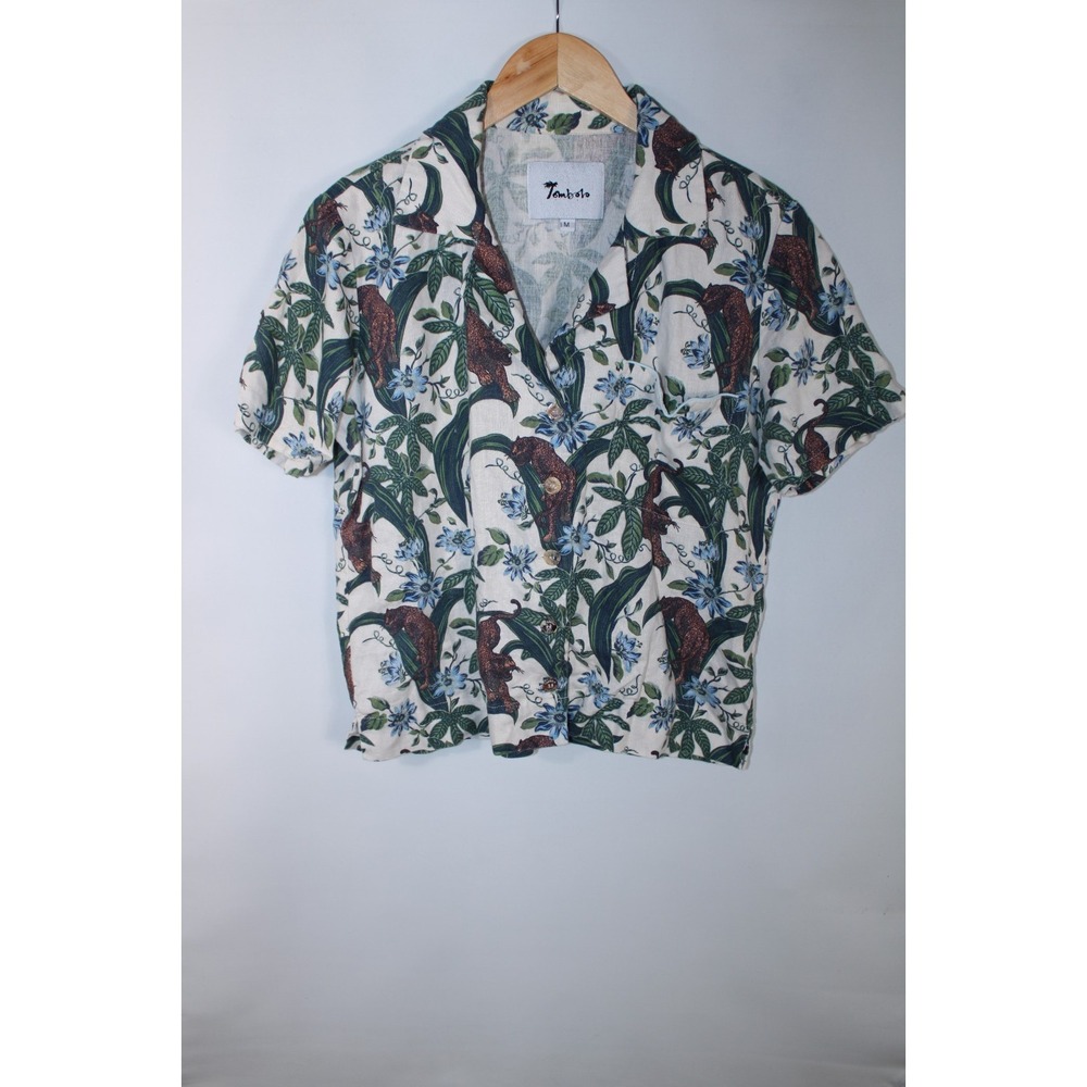 Tombolo Women's Medium Multicolor Linen Animal Print Short Sleeve Shirt